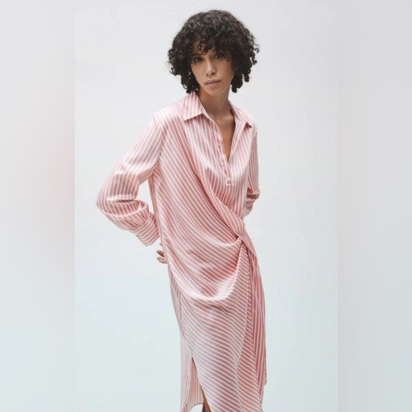 Zara Dresses & Skirts - Zara Silk Pink Striped Long Sleeve Dress